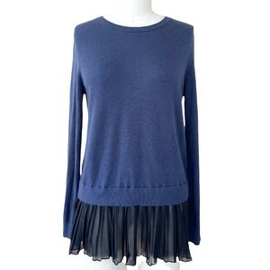 Chelsea28 Blue Pleated Chiffon Hem Split Back Pullover Sweater